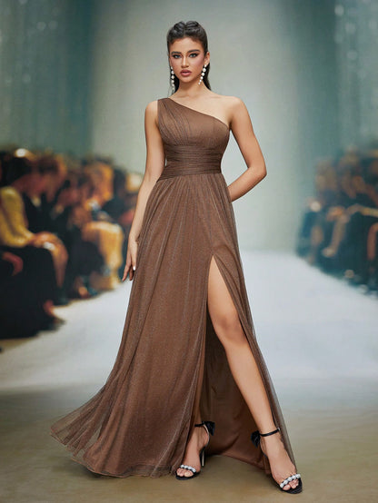 Asymmetrical Neck Draped Bust, Hollow Waist, High Slit A-Line Long Chiffon Dress, Bridesmaid Dress Wedding Spring