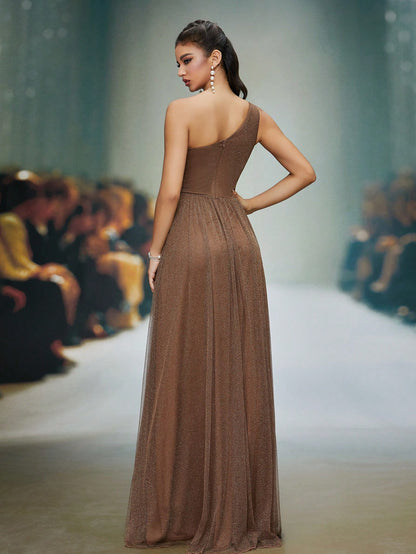 Asymmetrical One Shoulder Pleated Bust & Hollow Waist High Split A-Line Mesh Dress, Bridesmaid Dress Wedding Spring