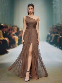 Asymmetrical Neck Draped Bust, Hollow Waist, High Slit A-Line Long Chiffon Dress, Bridesmaid Dress Wedding Spring