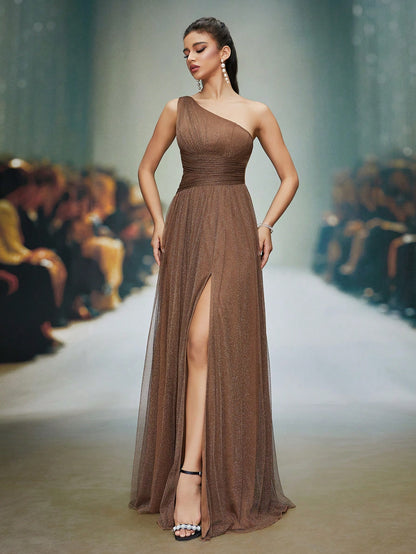 Asymmetrical Neck Draped Bust, Hollow Waist, High Slit A-Line Long Chiffon Dress, Bridesmaid Dress Wedding Spring