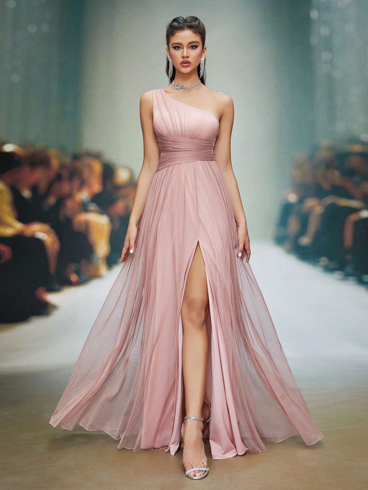 Asymmetrical One Shoulder Pleated Bust & Hollow Waist High Split A-Line Mesh Dress, Bridesmaid Dress Wedding Spring