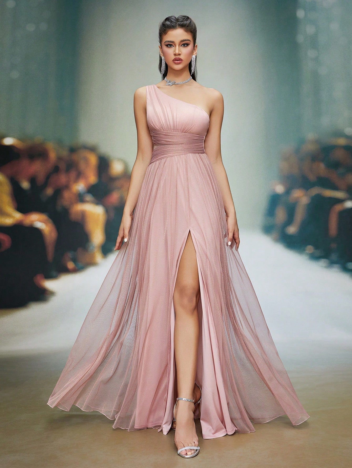 Asymmetrical Neck Draped Bust, Hollow Waist, High Slit A-Line Long Chiffon Dress, Bridesmaid Dress Wedding Spring