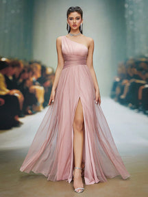Asymmetrical Neck Draped Bust, Hollow Waist, High Slit A-Line Long Chiffon Dress, Bridesmaid Dress Wedding Spring