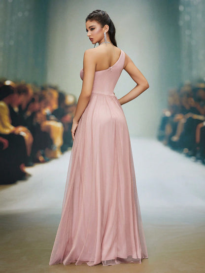 Asymmetrical Neck Draped Bust, Hollow Waist, High Slit A-Line Long Chiffon Dress, Bridesmaid Dress Wedding Spring