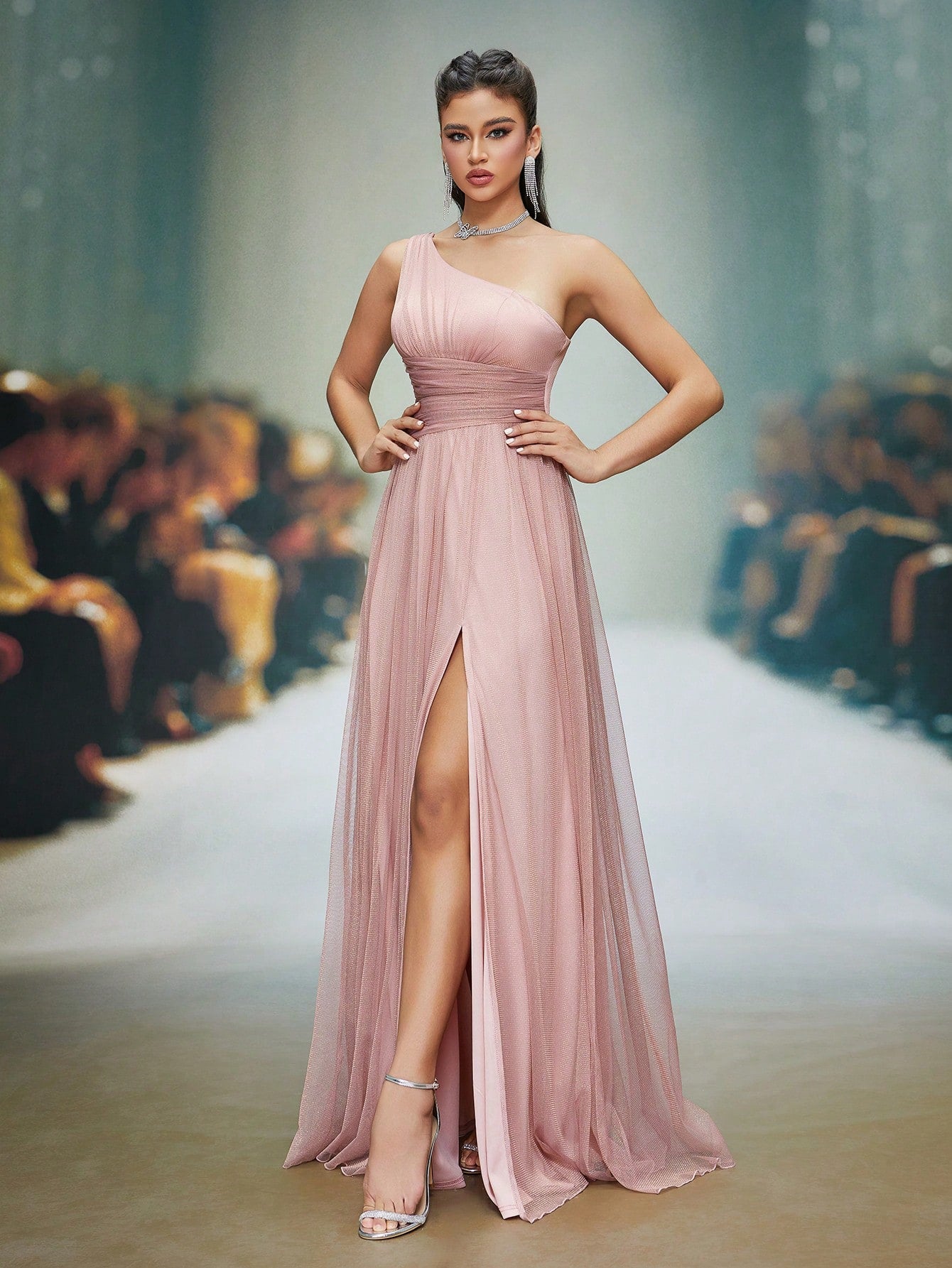Asymmetrical One Shoulder Pleated Bust & Hollow Waist High Split A-Line Mesh Dress, Bridesmaid Dress Wedding Spring