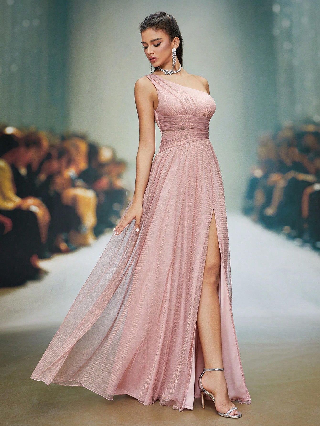 Asymmetrical Neck Draped Bust, Hollow Waist, High Slit A-Line Long Chiffon Dress, Bridesmaid Dress Wedding Spring