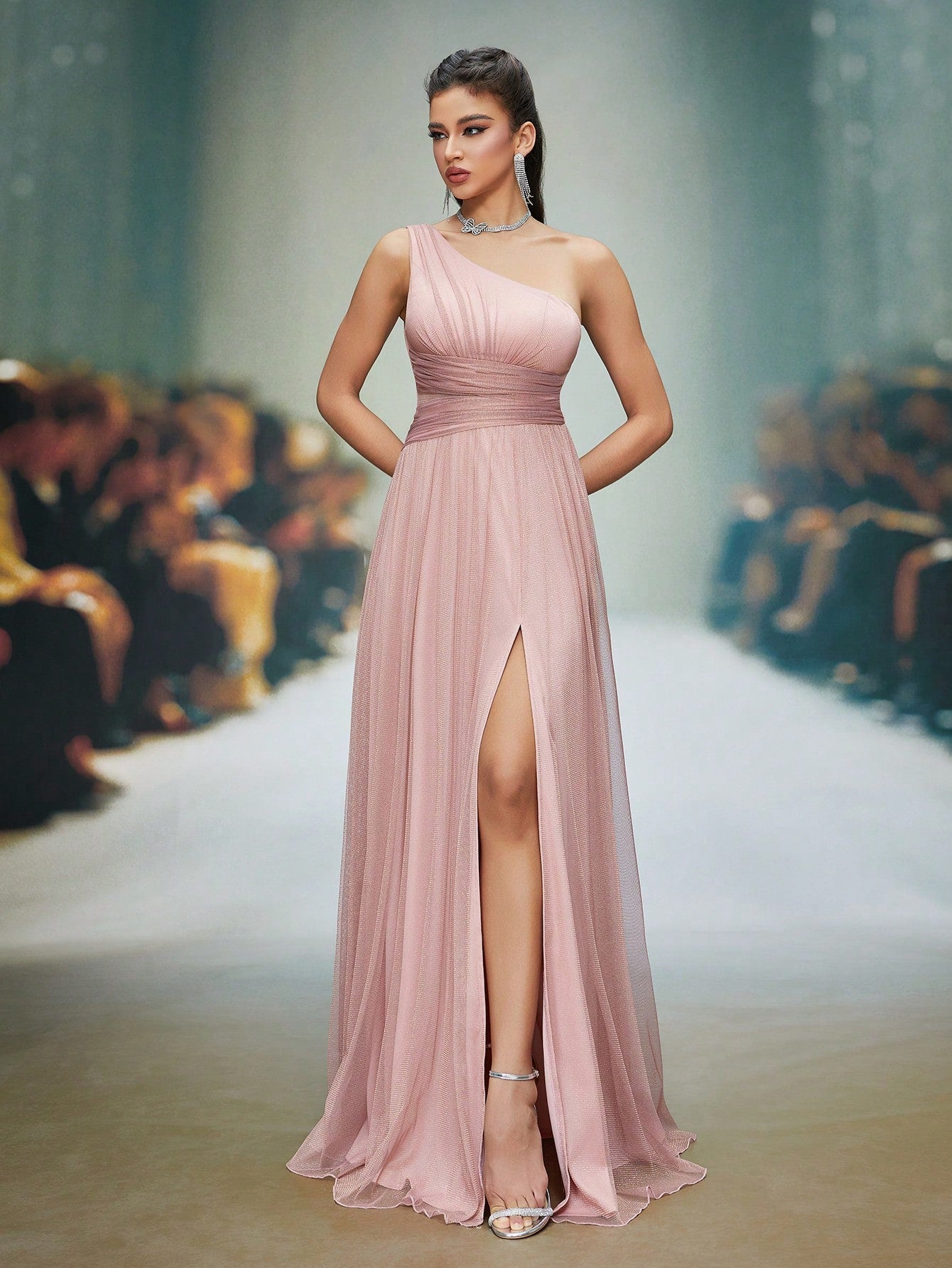 Asymmetrical One Shoulder Pleated Bust & Hollow Waist High Split A-Line Mesh Dress, Bridesmaid Dress Wedding Spring