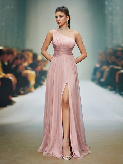Asymmetrical Neck Draped Bust, Hollow Waist, High Slit A-Line Long Chiffon Dress, Bridesmaid Dress Wedding Spring