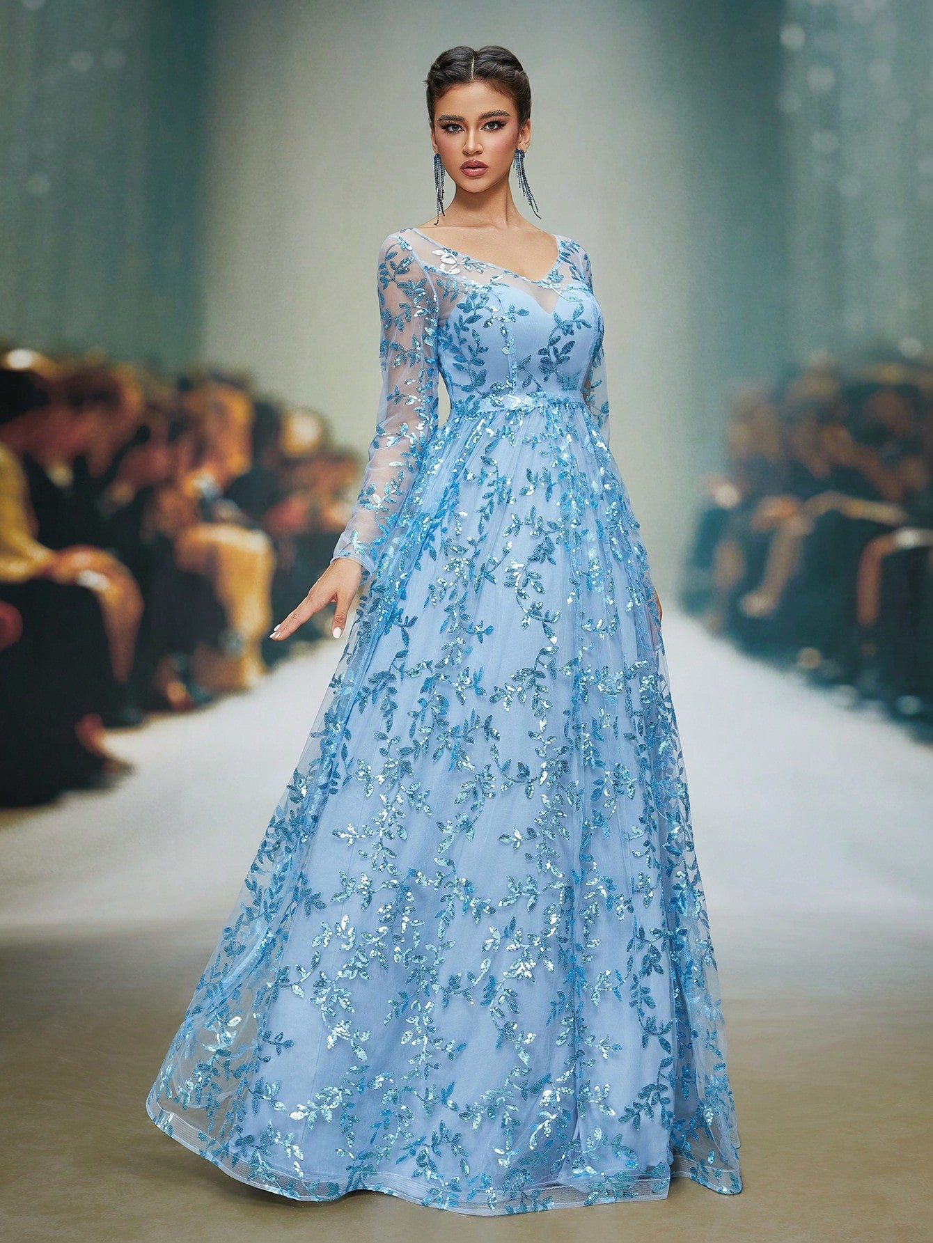 New V-Neck Sequin Sheer Convertible Long Sleeve Cocktail Dress/Wedding Guest Gown Party