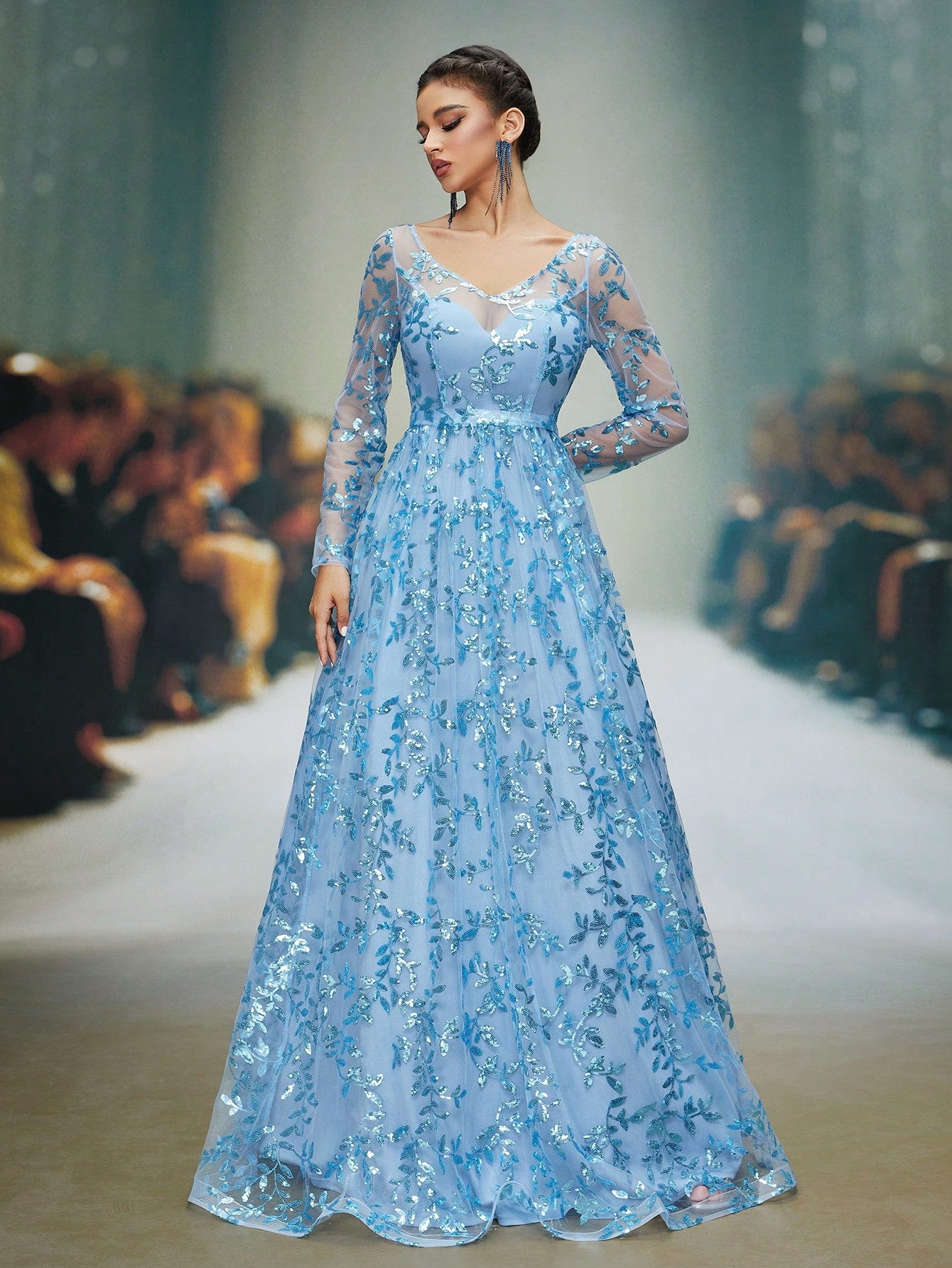 New V-Neck Sequin Sheer Convertible Long Sleeve Cocktail Dress/Wedding Guest Gown Party