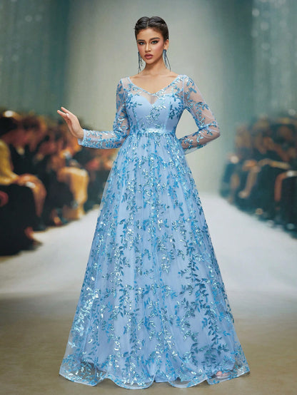 New V-Neck Sequin Sheer Convertible Long Sleeve Cocktail Dress/Wedding Guest Gown Party