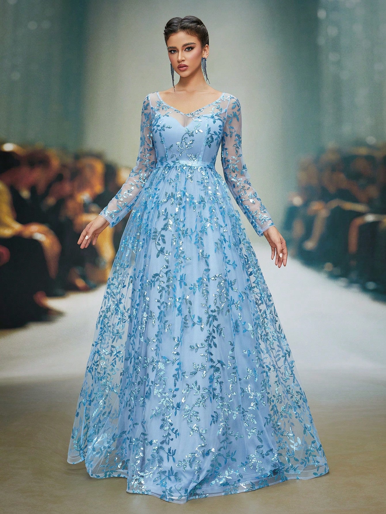 New V-Neck Sequin Sheer Convertible Long Sleeve Cocktail Dress/Wedding Guest Gown Party