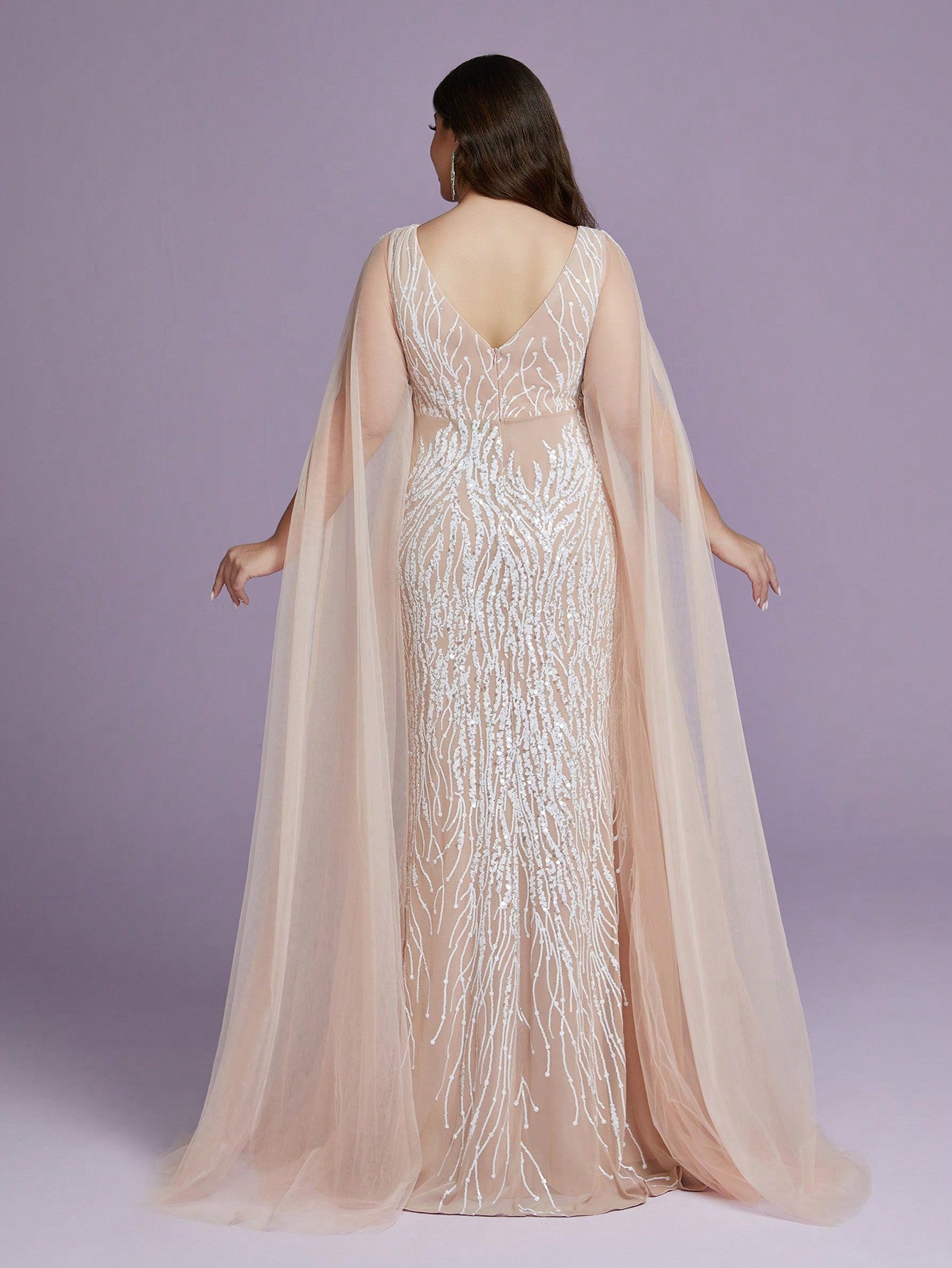 Plus Size V-Neck Net Yarn Shoulder Exposing Double Layer Extra Long Sleeve Sequin Decor Fitted Mermaid Dress Party Dress Wedding Guest Dress Formal Dress Evening Dress,Gown Spring Vacation