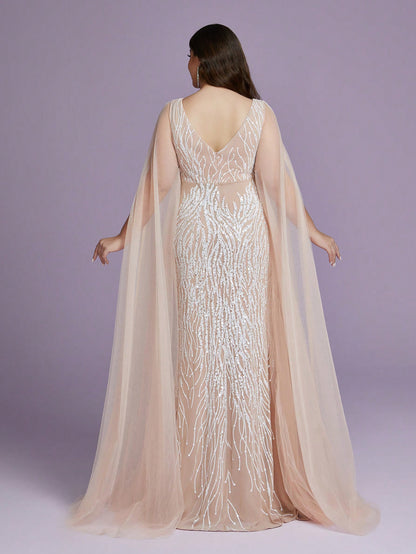 Plus Size V-Neck Net Yarn Shoulder Exposing Double Layer Extra Long Sleeve Sequin Decor Fitted Mermaid Dress Party Dress Wedding Guest Dress Formal Dress Evening Dress,Gown Spring Vacation