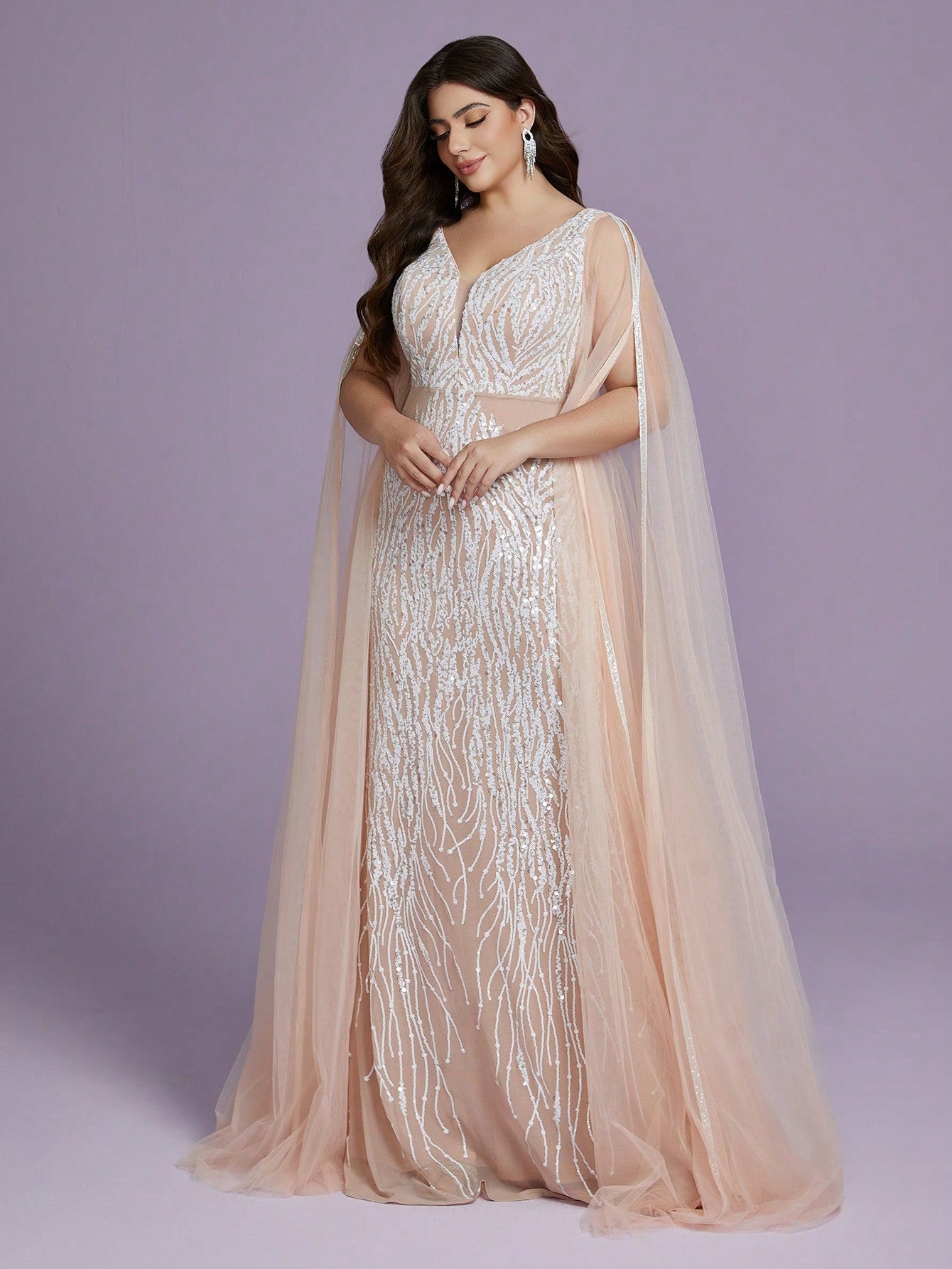 Plus Size V-Neck Net Yarn Shoulder Exposing Double Layer Extra Long Sleeve Sequin Decor Fitted Mermaid Dress Party Dress Wedding Guest Dress Formal Dress Evening Dress,Gown Spring Vacation