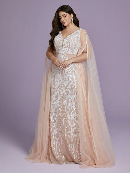 Plus Size V-Neck Net Yarn Shoulder Exposing Double Layer Extra Long Sleeve Sequin Decor Fitted Mermaid Dress Party Dress Wedding Guest Dress Formal Dress Evening Dress,Gown Spring Vacation