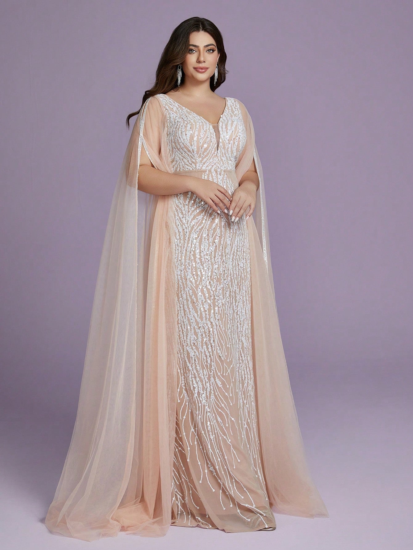 Plus Size V-Neck Net Yarn Shoulder Exposing Double Layer Extra Long Sleeve Sequin Decor Fitted Mermaid Dress Party Dress Wedding Guest Dress Formal Dress Evening Dress,Gown Spring Vacation