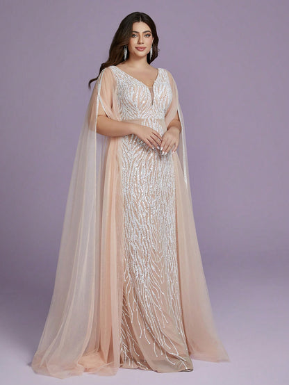Plus Size V-Neck Net Yarn Shoulder Exposing Double Layer Extra Long Sleeve Sequin Decor Fitted Mermaid Dress Party Dress Wedding Guest Dress Formal Dress Evening Dress,Gown Spring Vacation