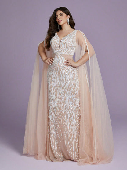 Plus Size V-Neck Net Yarn Shoulder Exposing Double Layer Extra Long Sleeve Sequin Decor Fitted Mermaid Dress Party Dress Wedding Guest Dress Formal Dress Evening Dress,Gown Spring Vacation