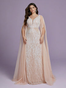Plus Size V-Neck Net Yarn Shoulder Exposing Double Layer Extra Long Sleeve Sequin Decor Fitted Mermaid Dress Party Dress Wedding Guest Dress Formal Dress Evening Dress,Gown Spring Vacation