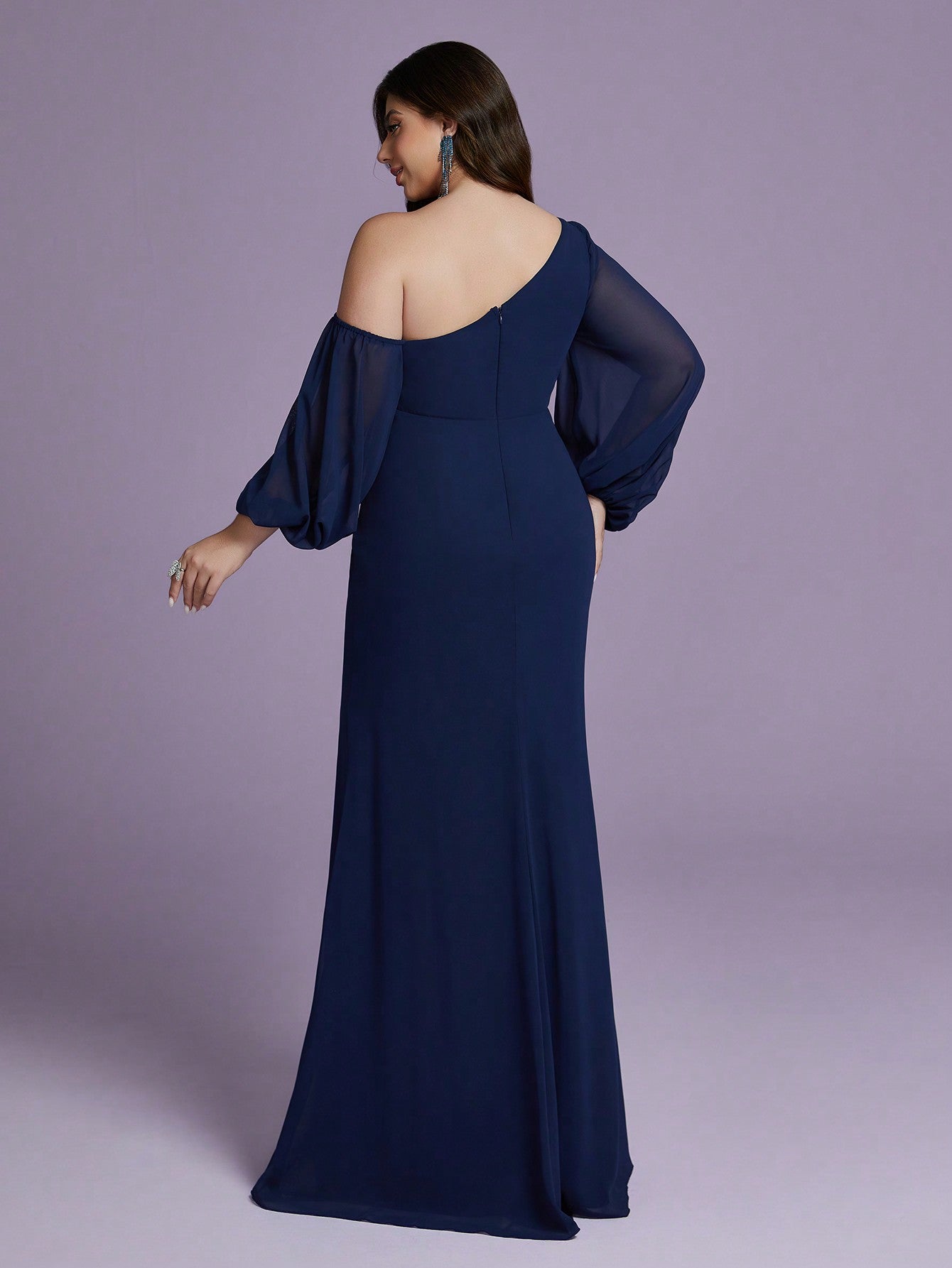 Plus Size Solid Color Asymmetric Neckline Ruffle High-Slit Chiffon Bridesmaid Dress