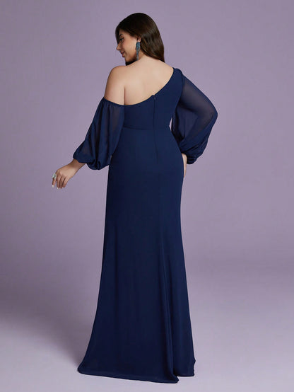 Plus Size Solid Color Asymmetric Neckline Ruffle High-Slit Chiffon Bridesmaid Dress