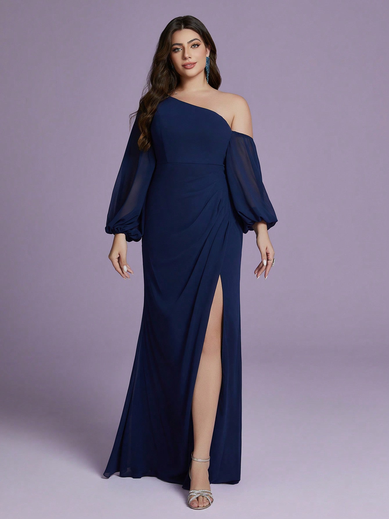 Plus Size Solid Color Asymmetric Neckline Ruffle High-Slit Chiffon Bridesmaid Dress