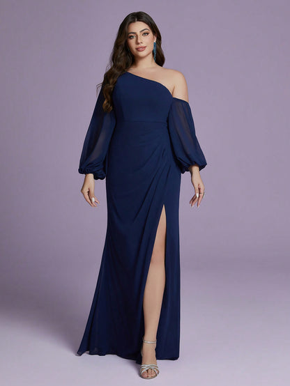 Plus Size Solid Color Asymmetric Neckline Ruffle High-Slit Chiffon Bridesmaid Dress