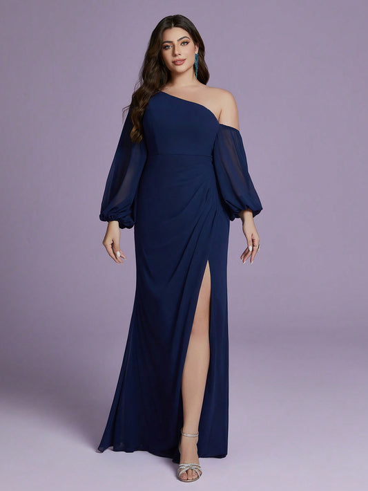 Plus Size Solid Color Asymmetric Neckline Ruffle High-Slit Chiffon Bridesmaid Dress