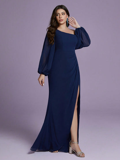 Plus Size Solid Color Asymmetric Neckline Ruffle High-Slit Chiffon Bridesmaid Dress
