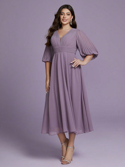 Plus Size Chiffon V-Neck Puff Sleeve Pleated Waist A-Line Midi Dress For Women Summer Wedding, Prom, Party, Vacation & Festival