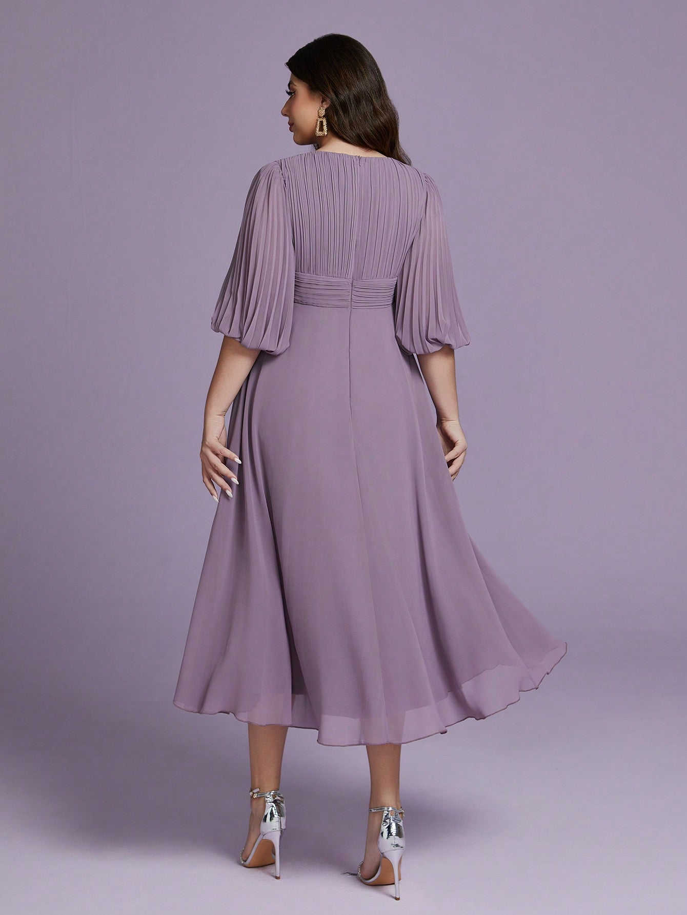 Plus Size Chiffon V-Neck Puff Sleeve Pleated Waist A-Line Midi Dress For Women Summer Wedding, Prom, Party, Vacation & Festival