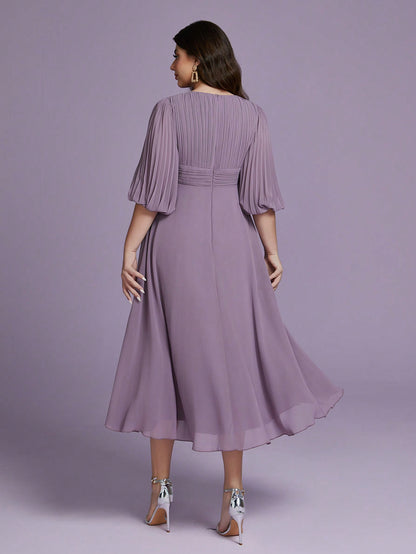 Plus Size Chiffon V-Neck Puff Sleeve Pleated Waist A-Line Midi Dress For Women Summer Wedding, Prom, Party, Vacation & Festival