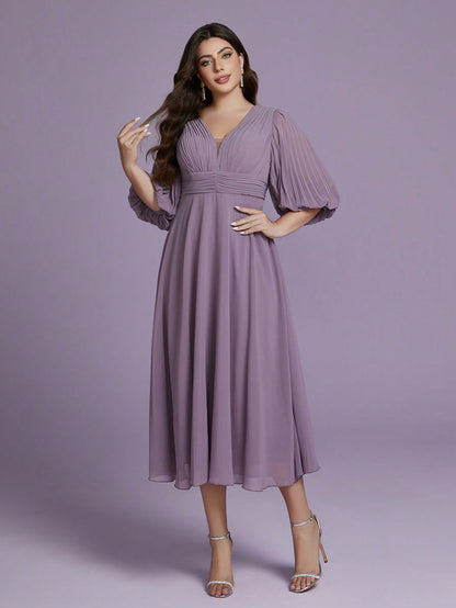 Plus Size Chiffon V-Neck Puff Sleeve Pleated Waist A-Line Midi Dress For Women Summer Wedding, Prom, Party, Vacation & Festival
