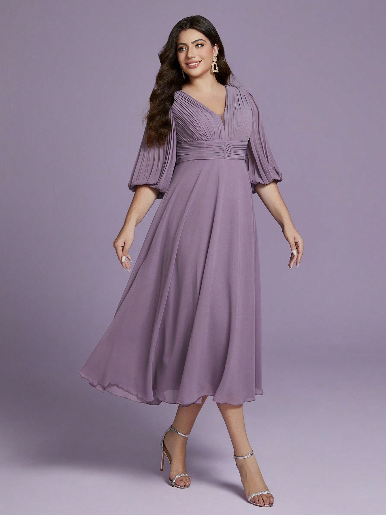 Plus Size Chiffon V-Neck Puff Sleeve Pleated Waist A-Line Midi Dress For Women Summer Wedding, Prom, Party, Vacation & Festival