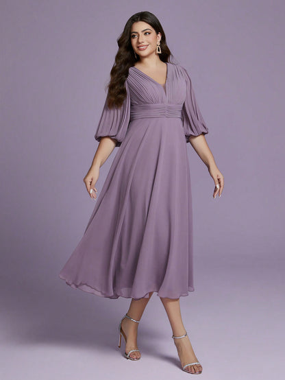 Plus Size Chiffon V-Neck Puff Sleeve Pleated Waist A-Line Midi Dress For Women Summer Wedding, Prom, Party, Vacation & Festival