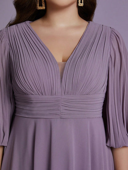 Plus Size Chiffon V-Neck Puff Sleeve Pleated Waist A-Line Midi Dress For Women Summer Wedding, Prom, Party, Vacation & Festival