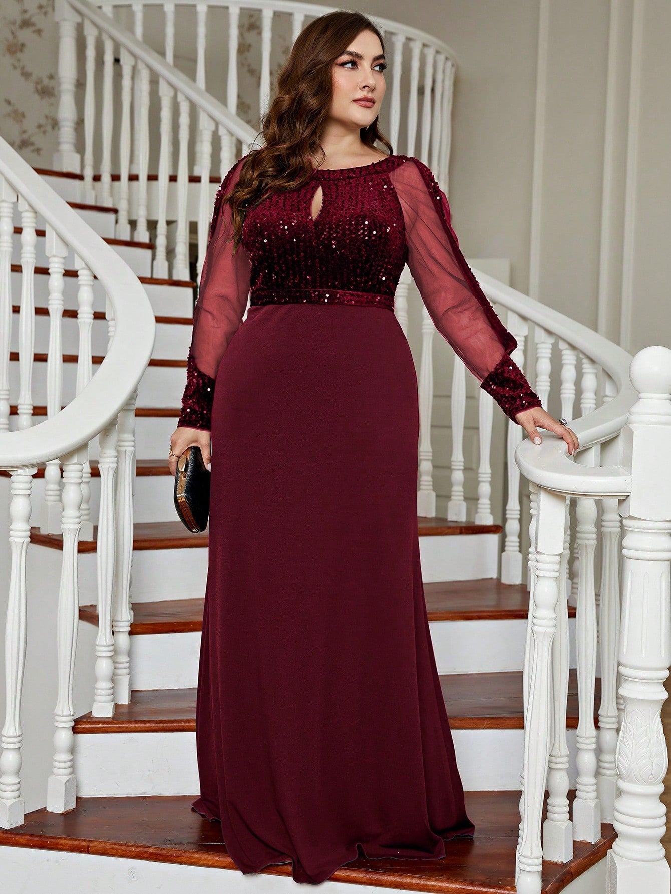 Plus Size Women's Shiny Mesh Evening Gown, Sequin Mermaid Style, Suitable For Wedding Guests, Formal Occasions