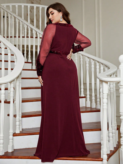 Plus Size Women's Shiny Mesh Evening Gown, Sequin Mermaid Style, Suitable For Wedding Guests, Formal Occasions