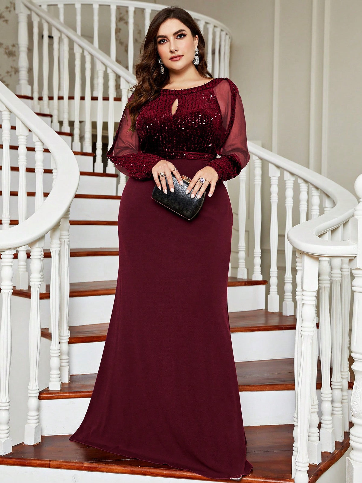 Plus Size Women's Shiny Mesh Evening Gown, Sequin Mermaid Style, Suitable For Wedding Guests, Formal Occasions
