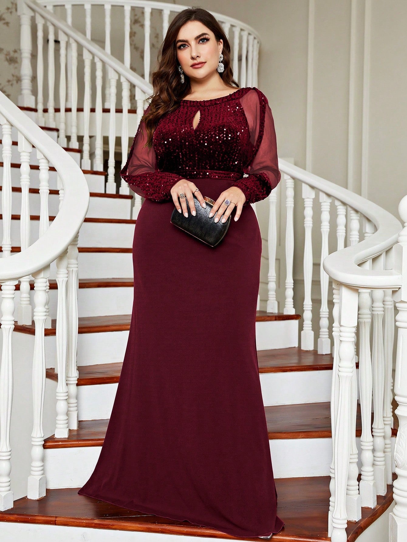 Plus Size Women's Shiny Mesh Evening Gown, Sequin Mermaid Style, Suitable For Wedding Guests, Formal Occasions