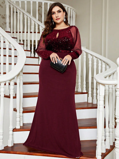 Plus Size Women's Shiny Mesh Evening Gown, Sequin Mermaid Style, Suitable For Wedding Guests, Formal Occasions