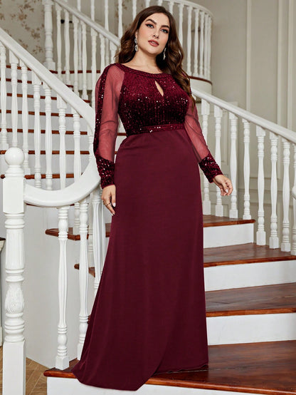 Plus Size Women's Shiny Mesh Evening Gown, Sequin Mermaid Style, Suitable For Wedding Guests, Formal Occasions