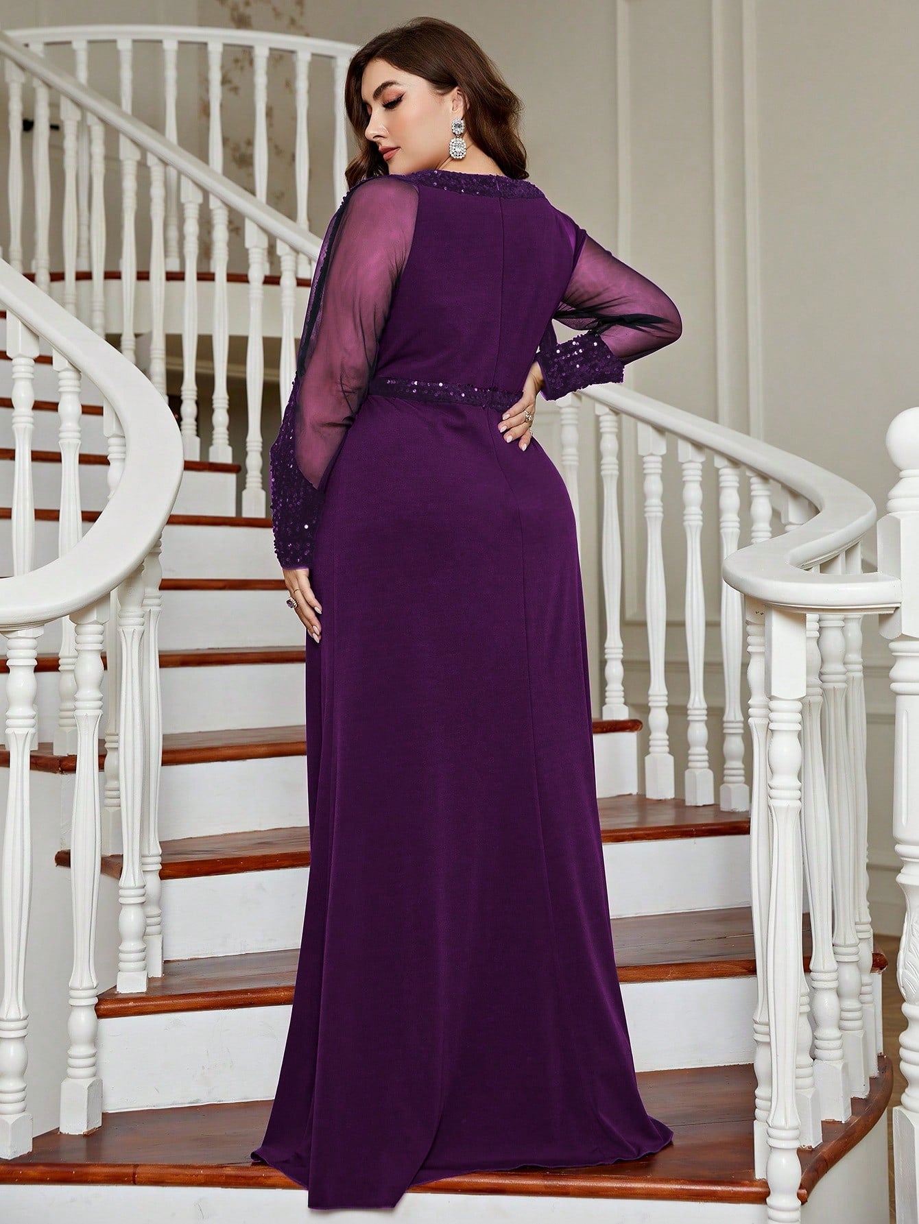 Plus Size Women's Shiny Mesh Evening Gown, Sequin Mermaid Style, Suitable For Wedding Guests, Formal Occasions