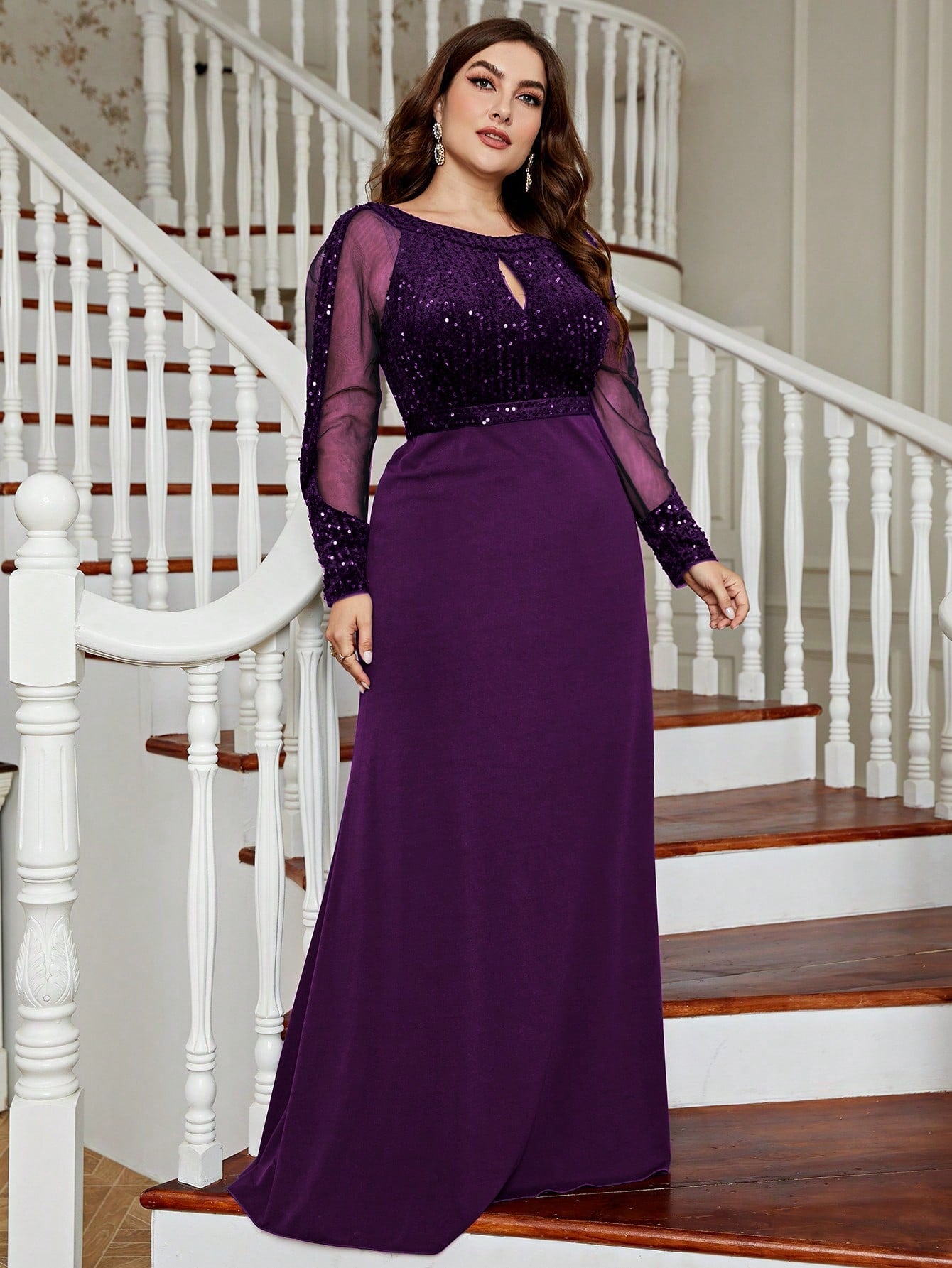Plus Size Women's Shiny Mesh Evening Gown, Sequin Mermaid Style, Suitable For Wedding Guests, Formal Occasions