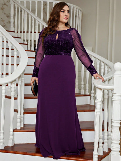 Plus Size Women's Shiny Mesh Evening Gown, Sequin Mermaid Style, Suitable For Wedding Guests, Formal Occasions