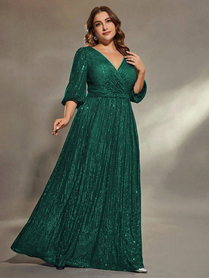 Plus Size Women Solid Color V-Neck Long Sleeve A-Line Pleated Dress With Sequins Formal Evening Gown