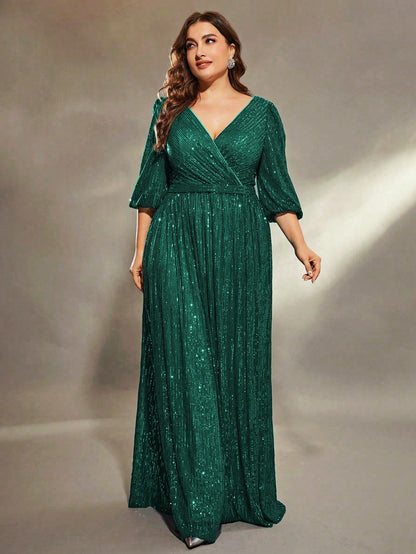 Plus Size Women's Solid Color V-Neck Long Sleeve A-Line Pleated Skirt With Sequins Formal Evening Gown Wedding