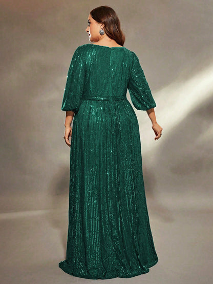 Plus Size Women's Solid Color V-Neck Long Sleeve A-Line Pleated Skirt With Sequins Formal Evening Gown Wedding