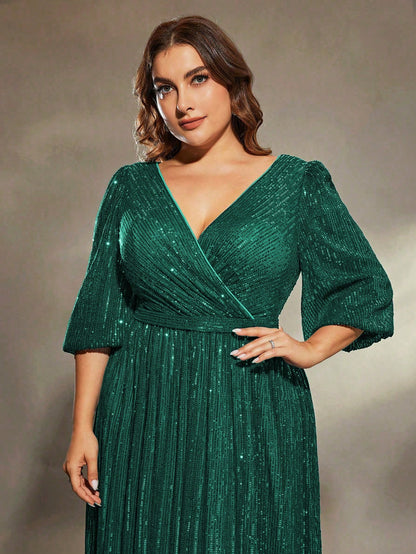 Plus Size Women's Solid Color V-Neck Long Sleeve A-Line Pleated Skirt With Sequins Formal Evening Gown Wedding